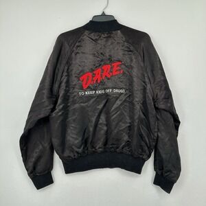 VTG DARE To Keep Kids Off Drugs Satin Black Bomber Jacket Mens XL Streetwear